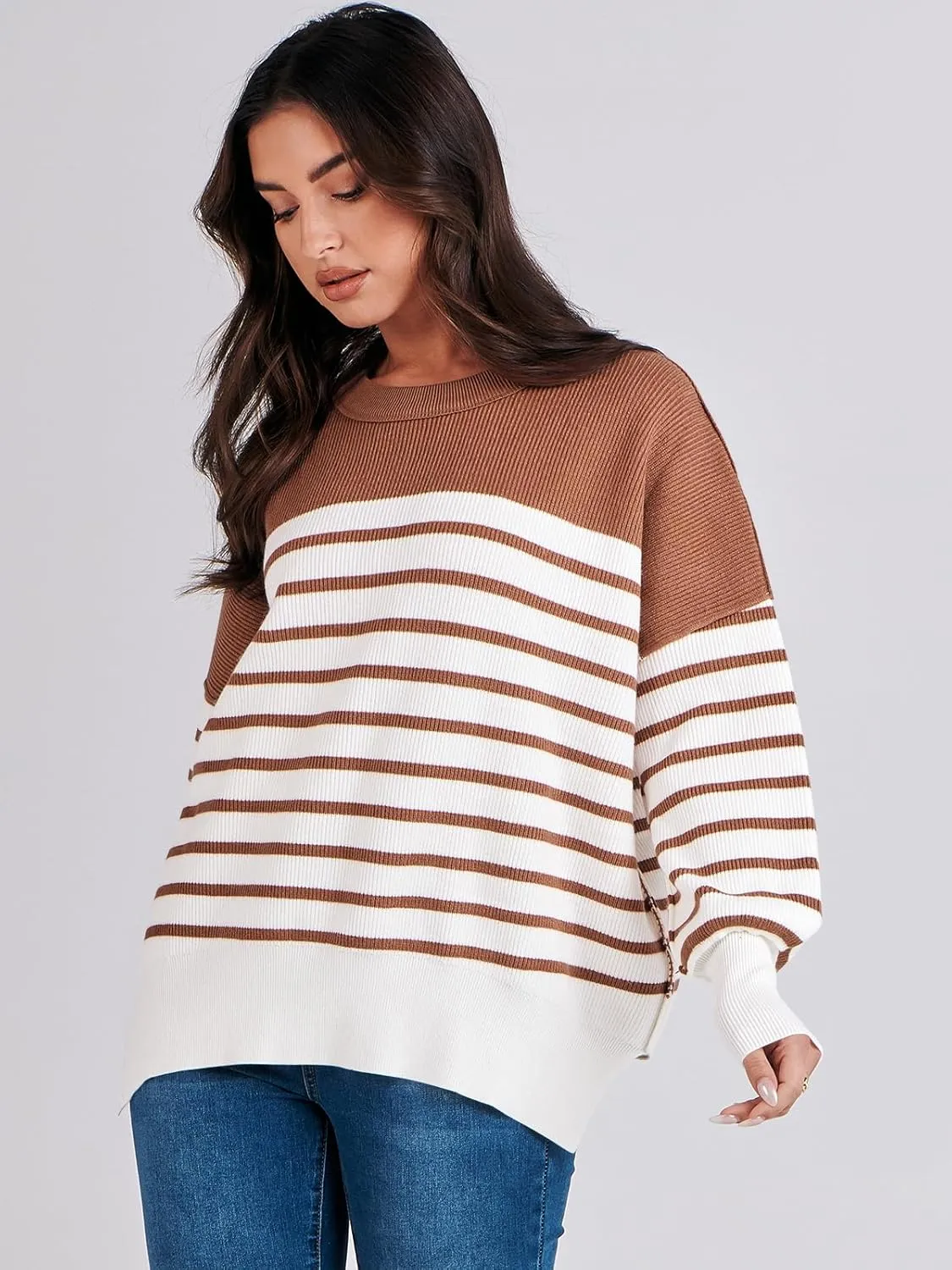 ANRABESS Womens Oversized Sweaters Fall 2025 Fashion Crewneck Batwing Long Sleeve Side Slit Knit Pullover Sweater Tops