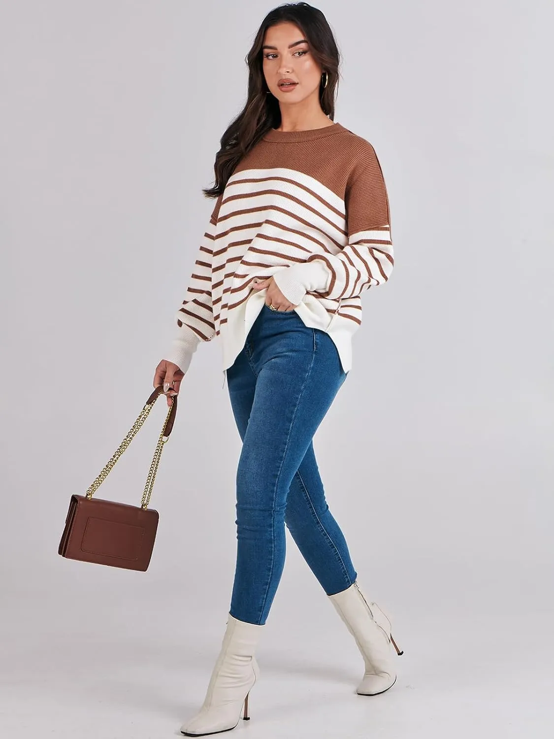ANRABESS Womens Oversized Sweaters Fall 2025 Fashion Crewneck Batwing Long Sleeve Side Slit Knit Pullover Sweater Tops