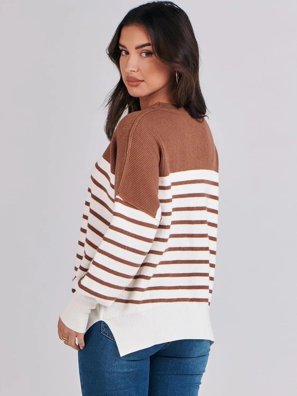 ANRABESS Womens Oversized Sweaters Fall 2025 Fashion Crewneck Batwing Long Sleeve Side Slit Knit Pullover Sweater Tops