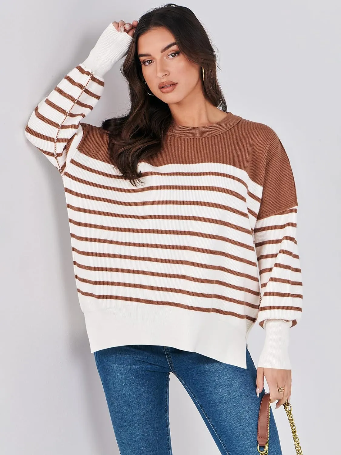 ANRABESS Womens Oversized Sweaters Fall 2025 Fashion Crewneck Batwing Long Sleeve Side Slit Knit Pullover Sweater Tops