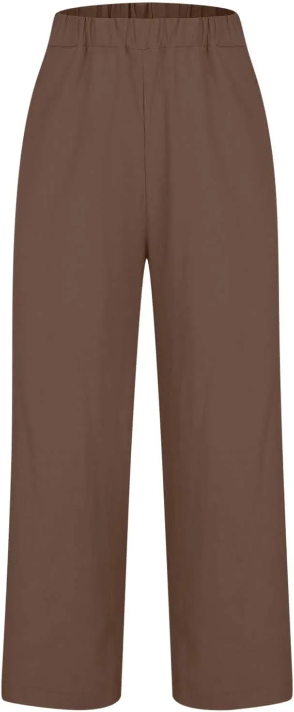 Casual Cotton Linen Pant for Women Elastic Waist Drawstring Slacks Straight Leg Summer Beach Vacation Lounge Trousers