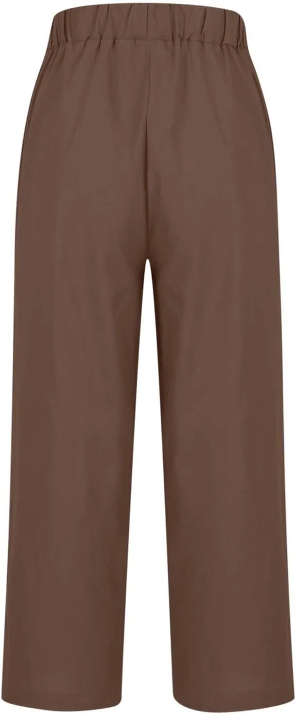 Casual Cotton Linen Pant for Women Elastic Waist Drawstring Slacks Straight Leg Summer Beach Vacation Lounge Trousers
