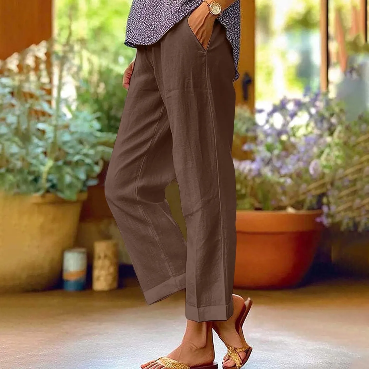 Casual Cotton Linen Pant for Women Elastic Waist Drawstring Slacks Straight Leg Summer Beach Vacation Lounge Trousers