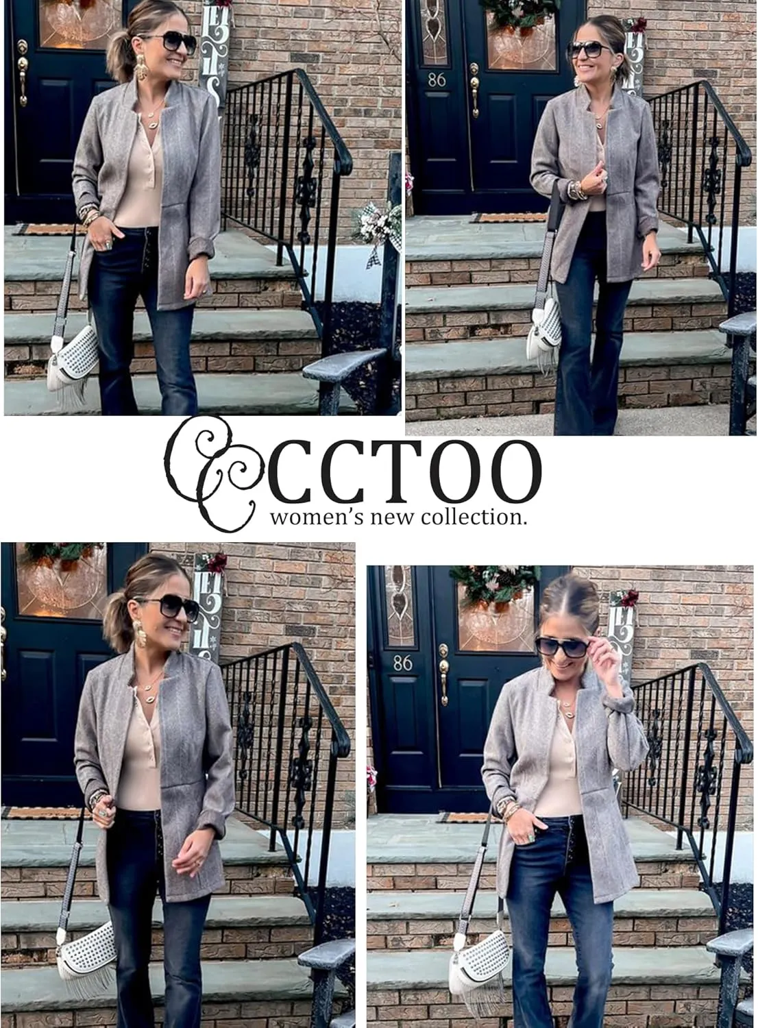 CCTOO Women's Coat Casual Open Front Blazer Long Sleeve Stand Collar Solid Trench Business Work Office Jacket Outwear