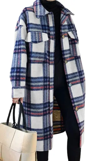 CHARTOU Women's Lightweight Spread Collar Wool Blend Plaid Midi Long Shacket Trench Coat