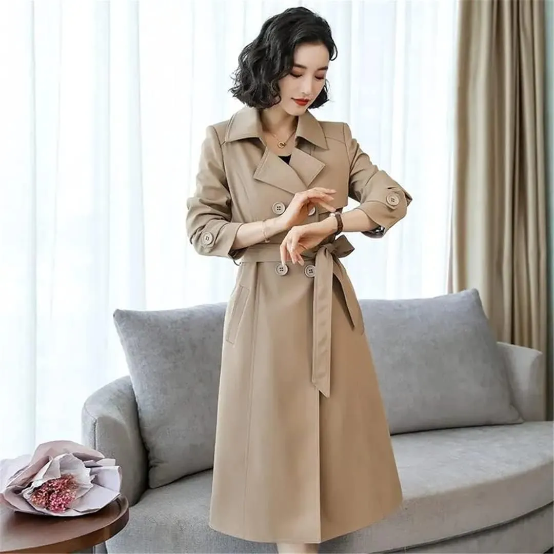 Elegant Women's Trench Coat British Style Double-Breasted Lapel Long Trench Coat Autumn Classic Trench Coat