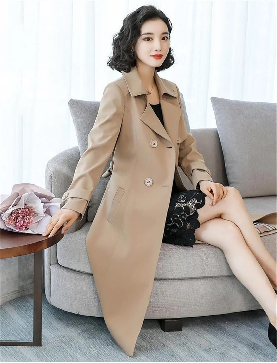 Elegant Women's Trench Coat British Style Double-Breasted Lapel Long Trench Coat Autumn Classic Trench Coat