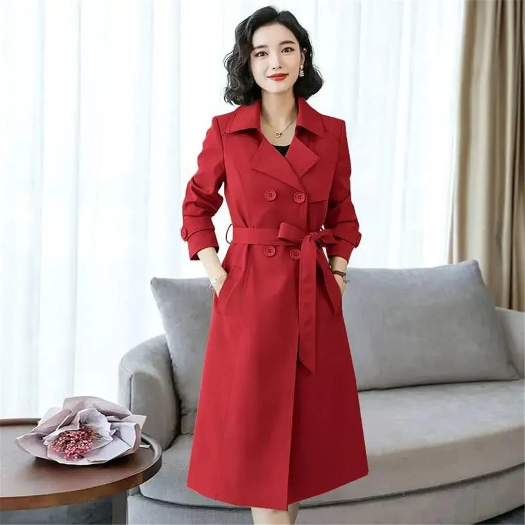 Elegant Women's Trench Coat British Style Double-Breasted Lapel Long Trench Coat Autumn Classic Trench Coat