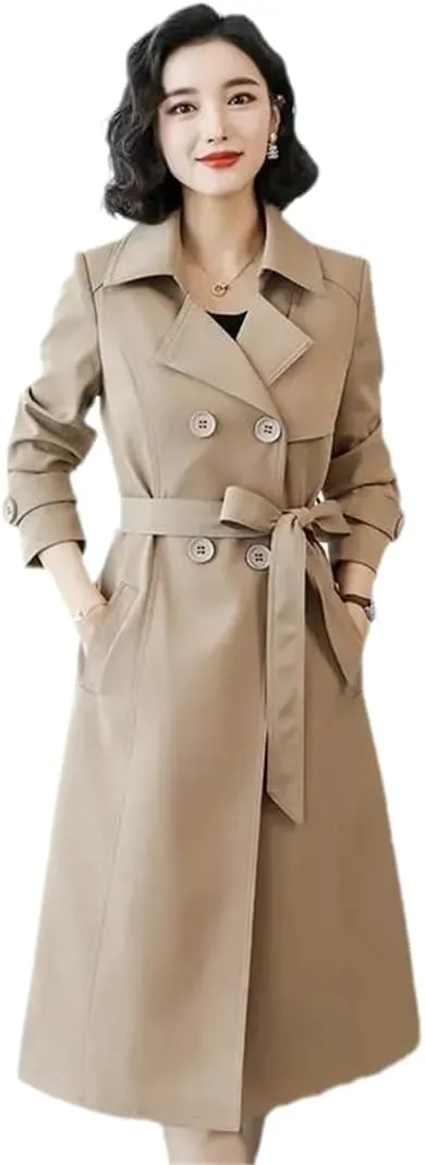 Elegant Women's Trench Coat British Style Double-Breasted Lapel Long Trench Coat Autumn Classic Trench Coat