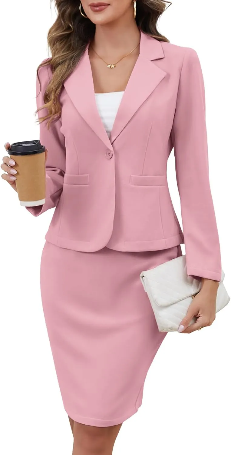 ELLEVEN Women's 2 Piece Suit Skirt Set Business Casual, Long Sleeve Knit Blazer & Pencil Skirt