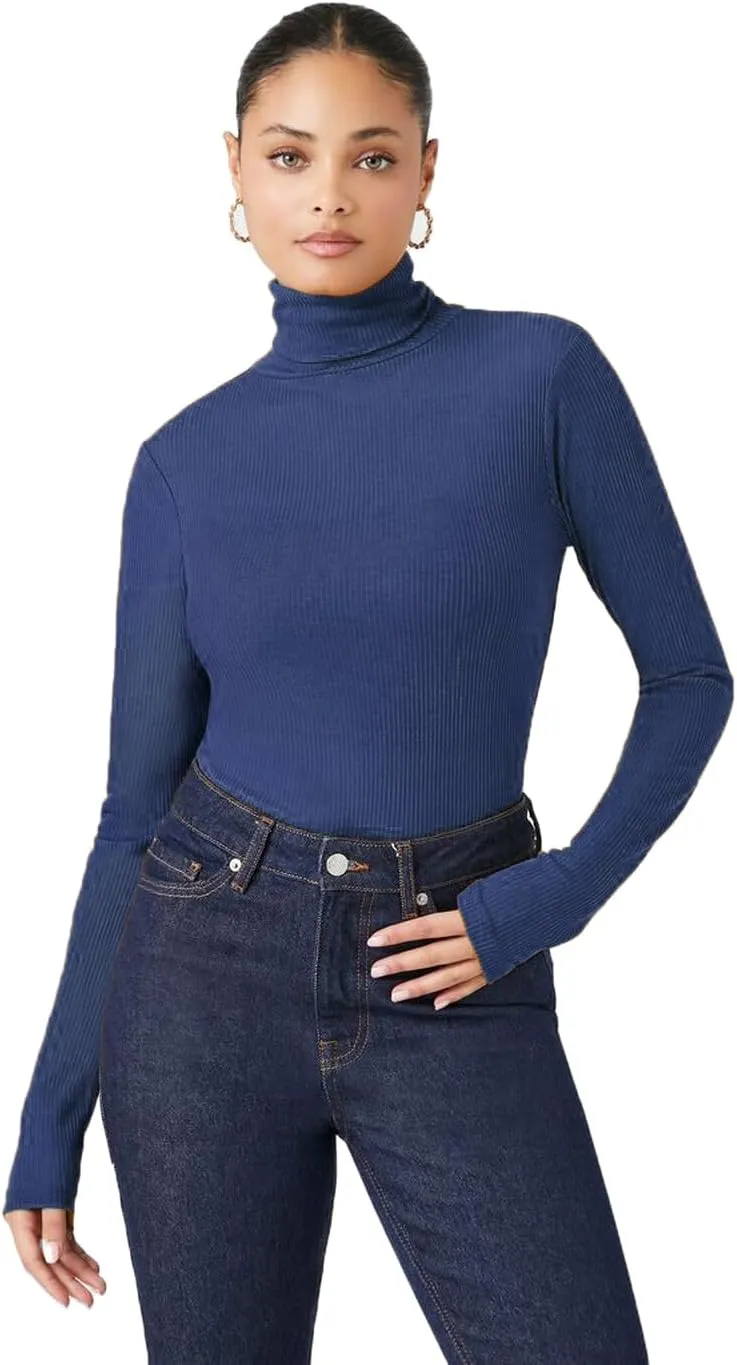 Emmalise Womens Turtleneck Top Long Sleeves Fitted Ribbed Top