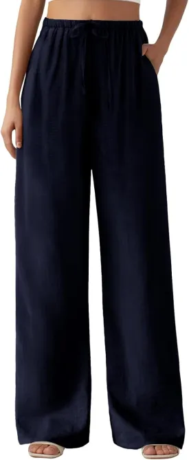 Feiersi Women's Casual Pants Drawstring Elastic Waist Pants Flowy Wide Leg Beach Trousers with Pockets