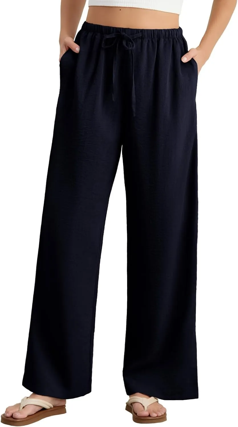Feiersi Women's Casual Pants Drawstring Elastic Waist Pants Flowy Wide Leg Beach Trousers with Pockets