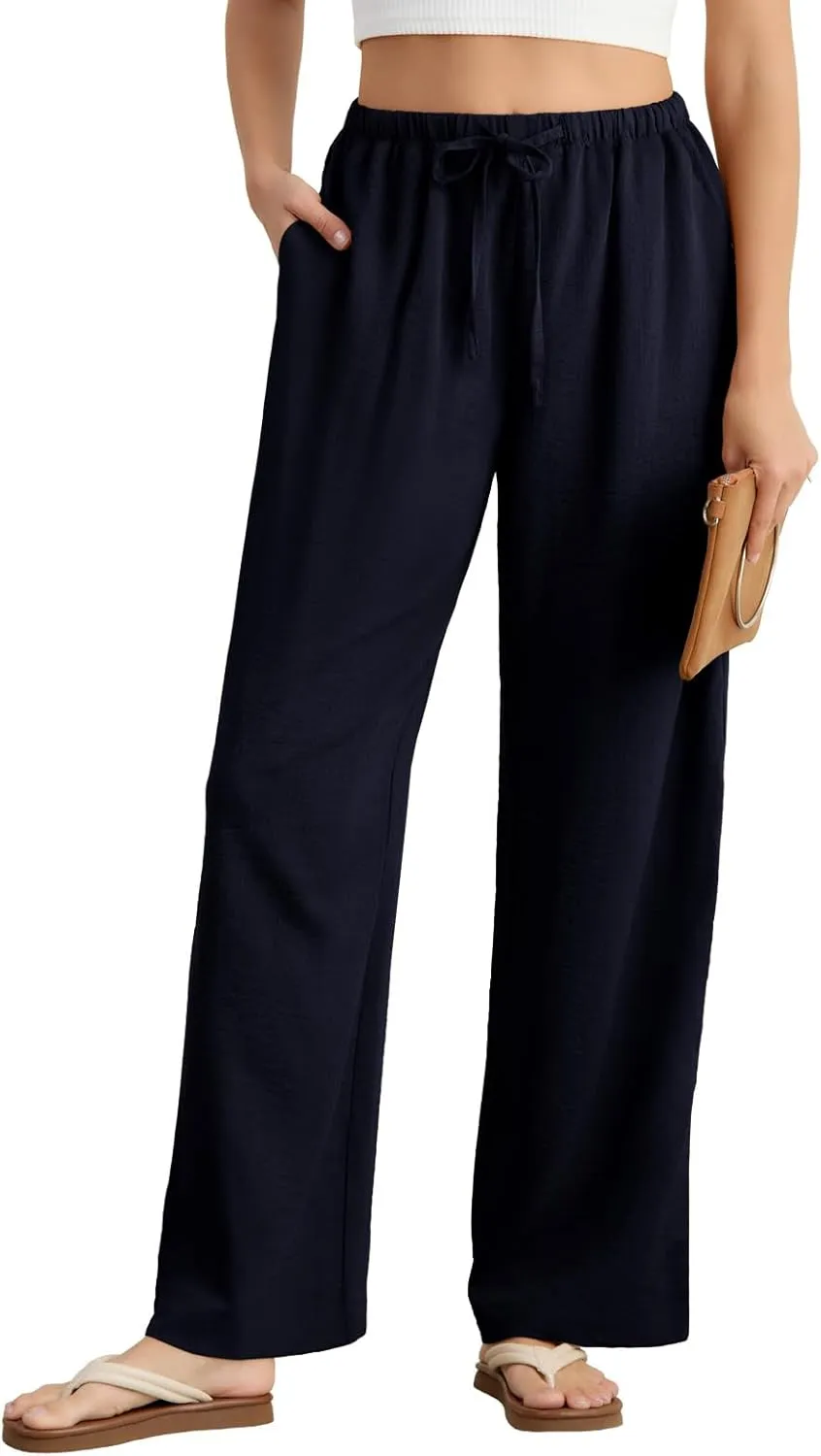 Feiersi Women's Casual Pants Drawstring Elastic Waist Pants Flowy Wide Leg Beach Trousers with Pockets