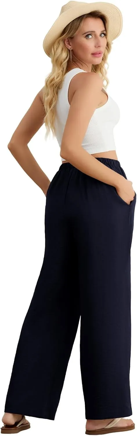 Feiersi Women's Casual Pants Drawstring Elastic Waist Pants Flowy Wide Leg Beach Trousers with Pockets