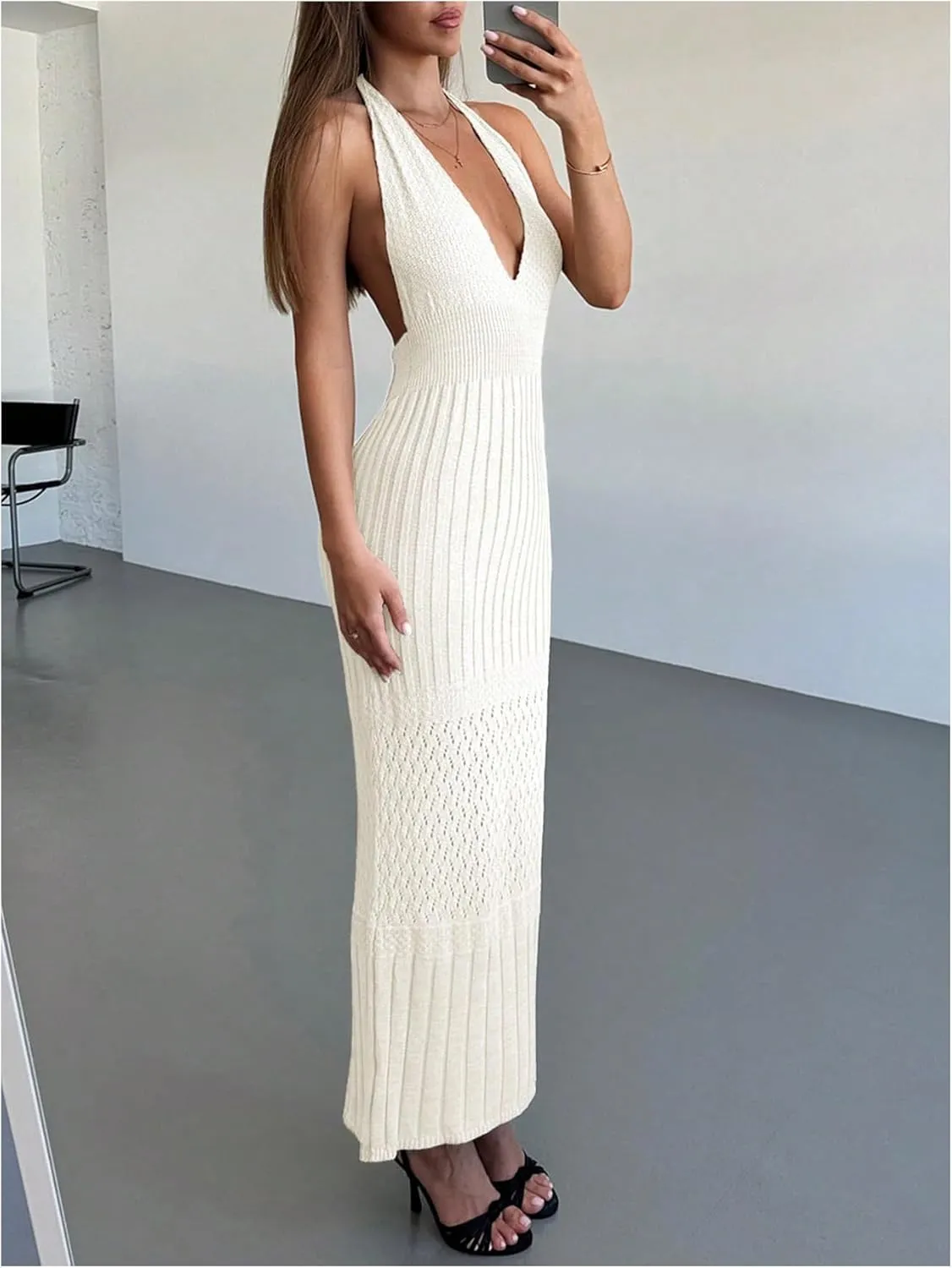 GORGLITTER Women's Crochet Halter Maxi Dress Backless Deep V Neck Bodycon Long Knit Dresses