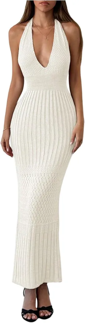 GORGLITTER Women's Crochet Halter Maxi Dress Backless Deep V Neck Bodycon Long Knit Dresses