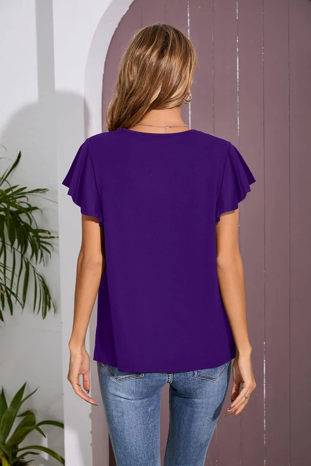 Iandroiy Women's Casual Shirred V-Neck Top Ruffle Short Sleeve Shirts Basic Pleated Top