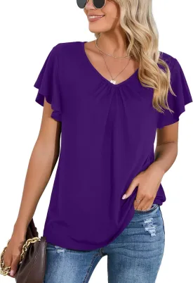 Iandroiy Women's Casual Shirred V-Neck Top Ruffle Short Sleeve Shirts Basic Pleated Top