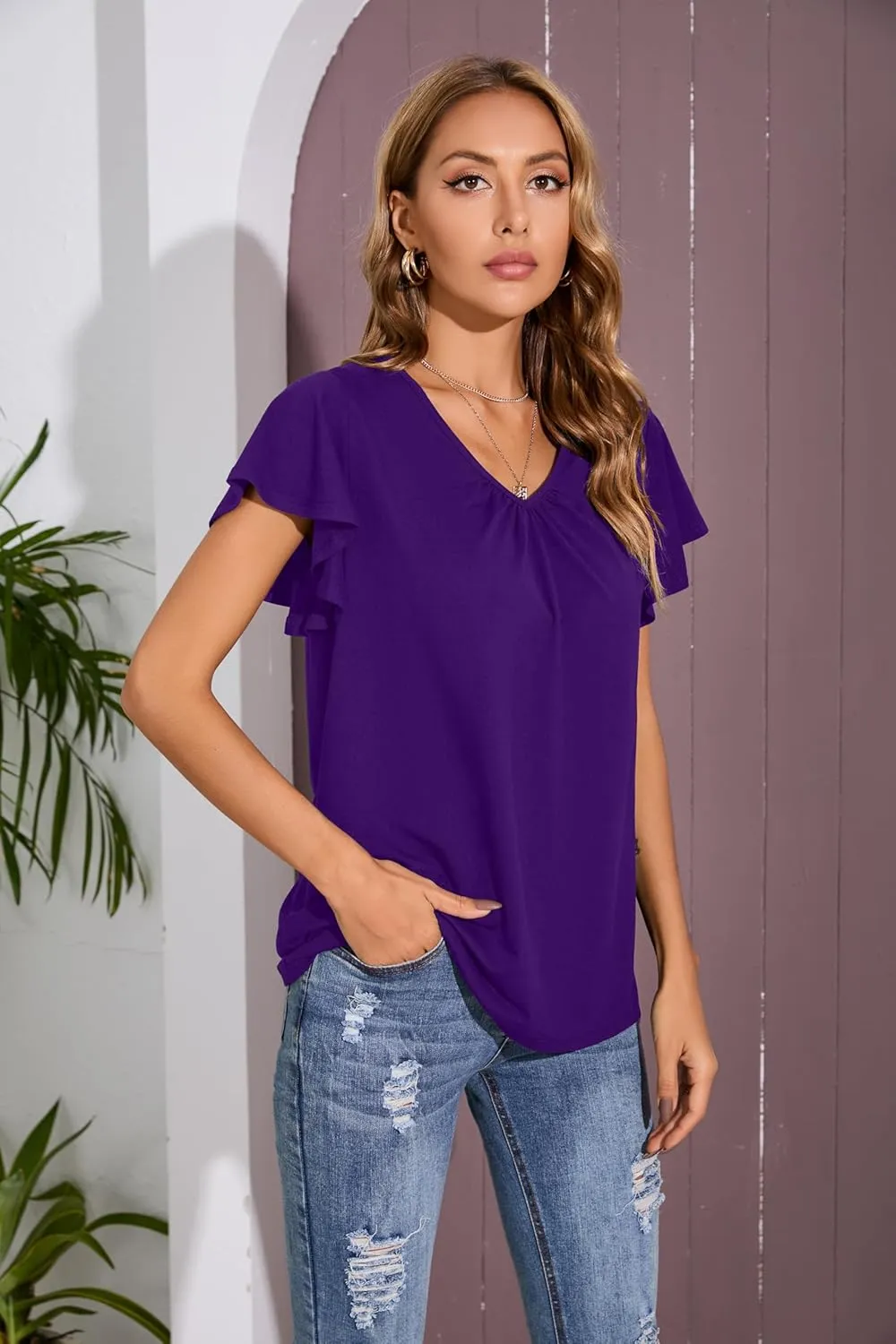 Iandroiy Women's Casual Shirred V-Neck Top Ruffle Short Sleeve Shirts Basic Pleated Top