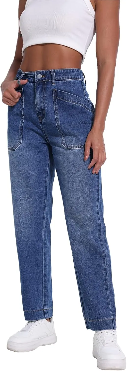 Jeans for Women Trendy Mid-Waisted Straight Leg Jeans Cropped Cargo Pocket Denim Women's Pants