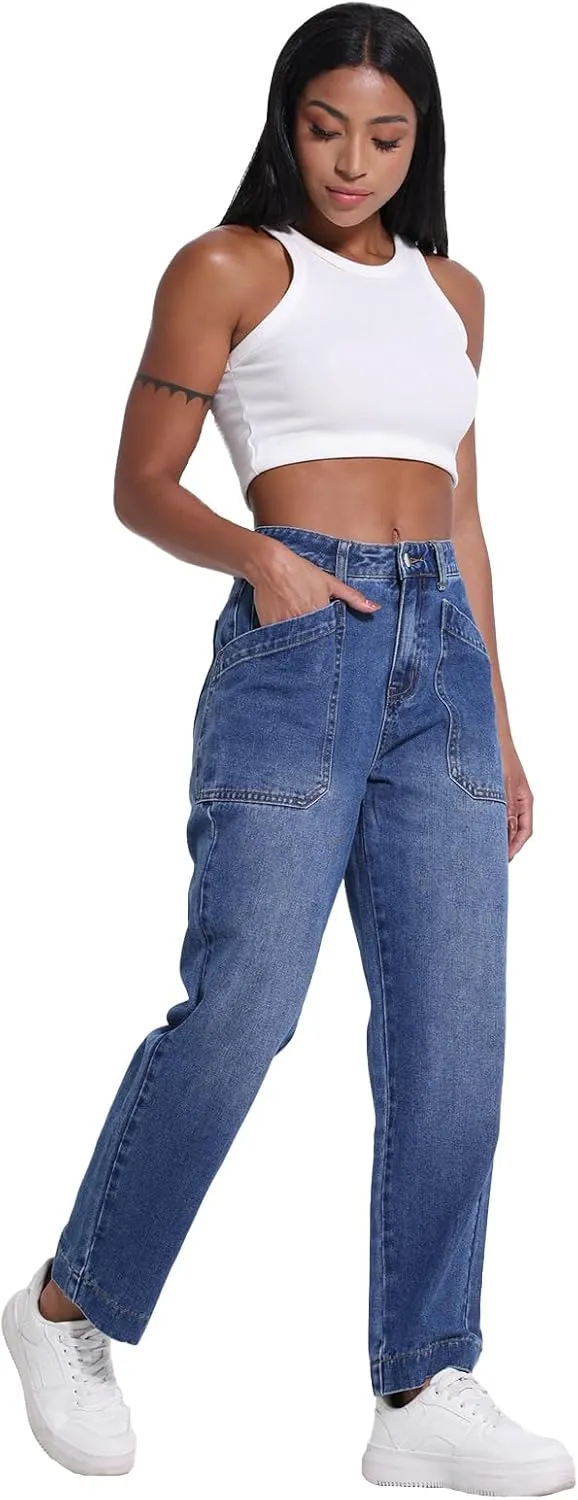 Jeans for Women Trendy Mid-Waisted Straight Leg Jeans Cropped Cargo Pocket Denim Women's Pants