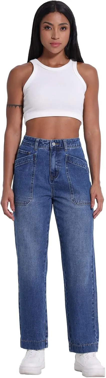 Jeans for Women Trendy Mid-Waisted Straight Leg Jeans Cropped Cargo Pocket Denim Women's Pants