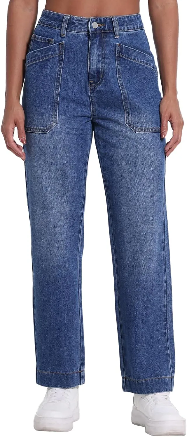 Jeans for Women Trendy Mid-Waisted Straight Leg Jeans Cropped Cargo Pocket Denim Women's Pants