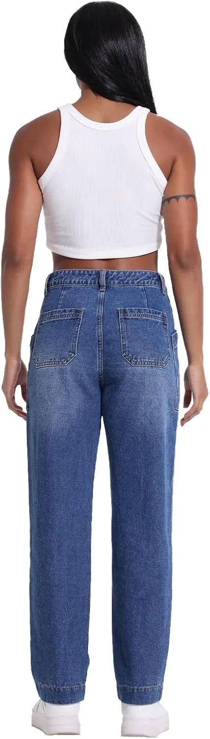 Jeans for Women Trendy Mid-Waisted Straight Leg Jeans Cropped Cargo Pocket Denim Women's Pants