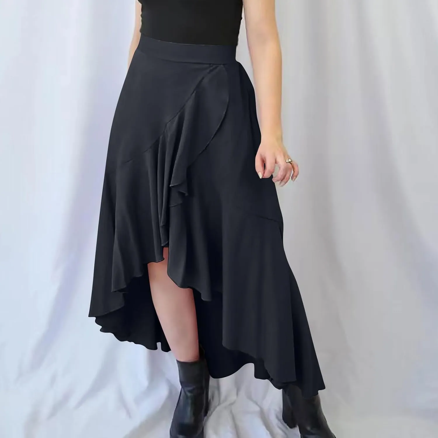 JOAU High Waist Wrap Irregular Flowy Ruffle Skirts for Women Trendy Summer High Low Slit Front A-line Midi Skirt
