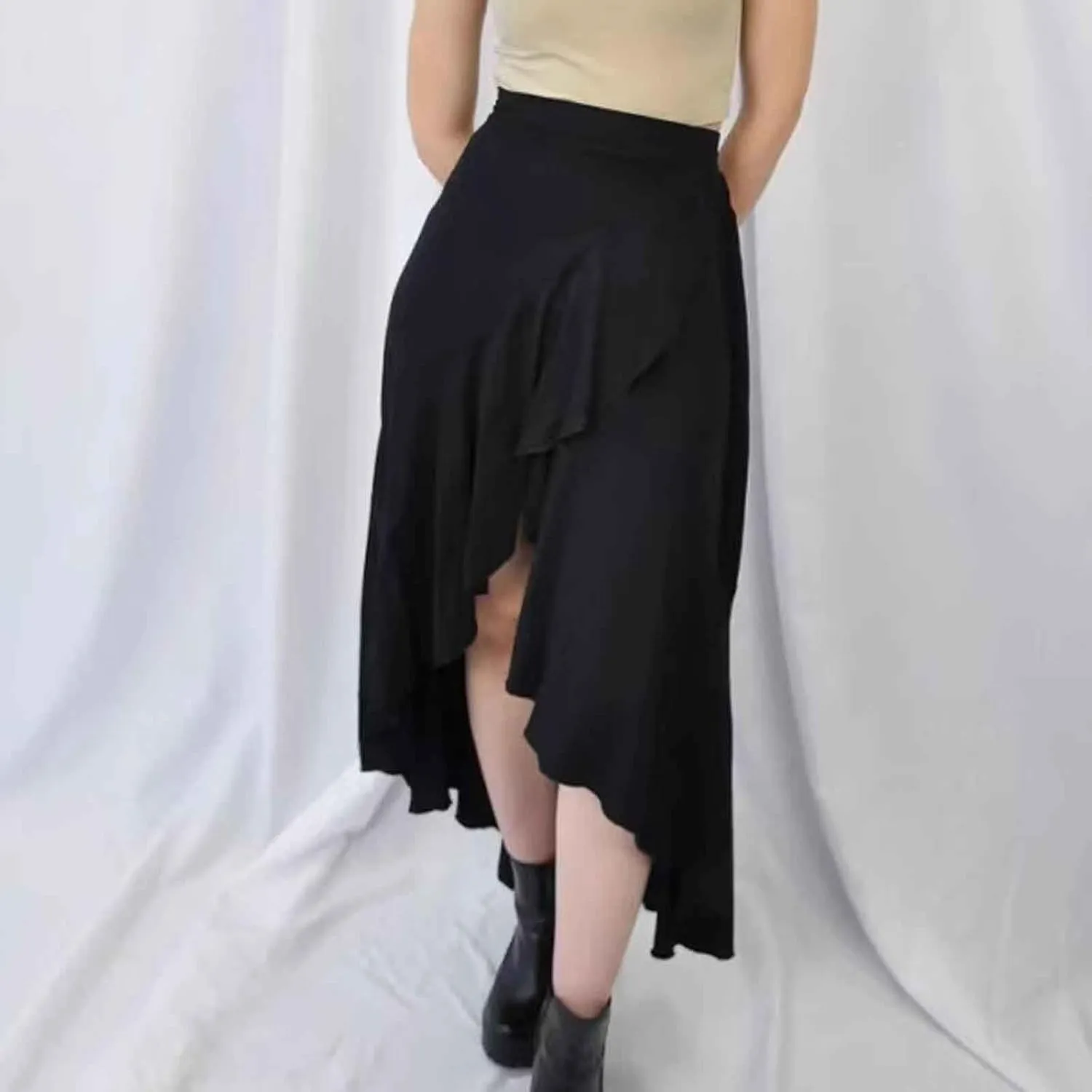 JOAU High Waist Wrap Irregular Flowy Ruffle Skirts for Women Trendy Summer High Low Slit Front A-line Midi Skirt