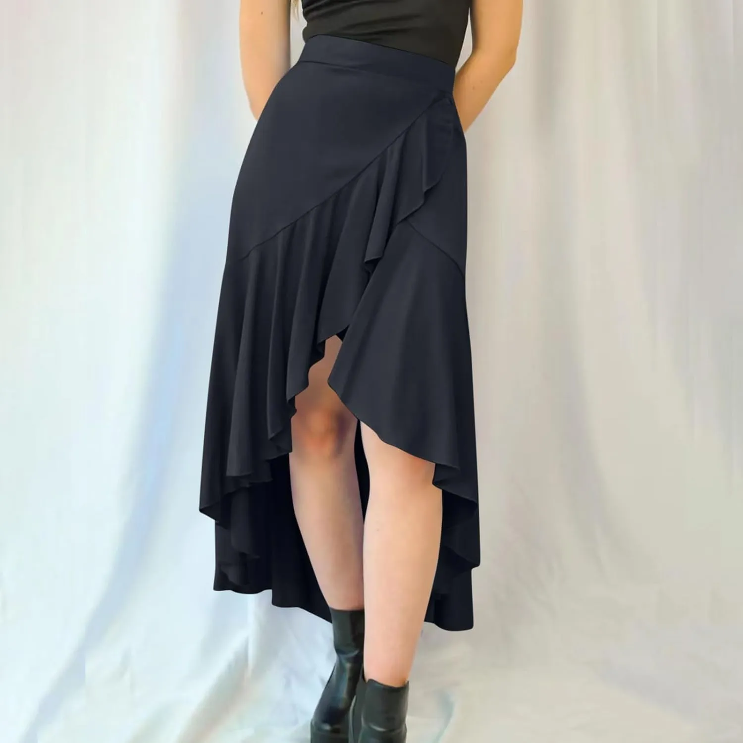 JOAU High Waist Wrap Irregular Flowy Ruffle Skirts for Women Trendy Summer High Low Slit Front A-line Midi Skirt