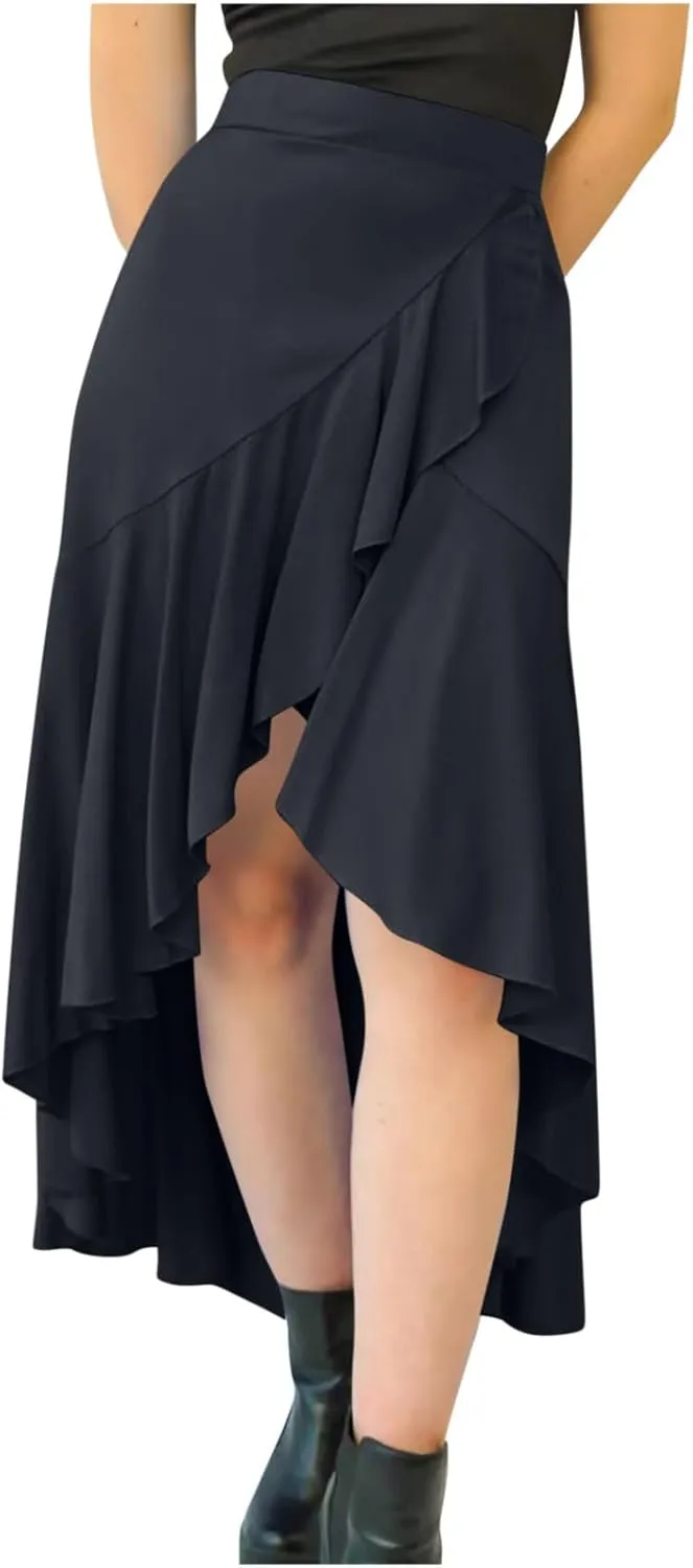 JOAU High Waist Wrap Irregular Flowy Ruffle Skirts for Women Trendy Summer High Low Slit Front A-line Midi Skirt