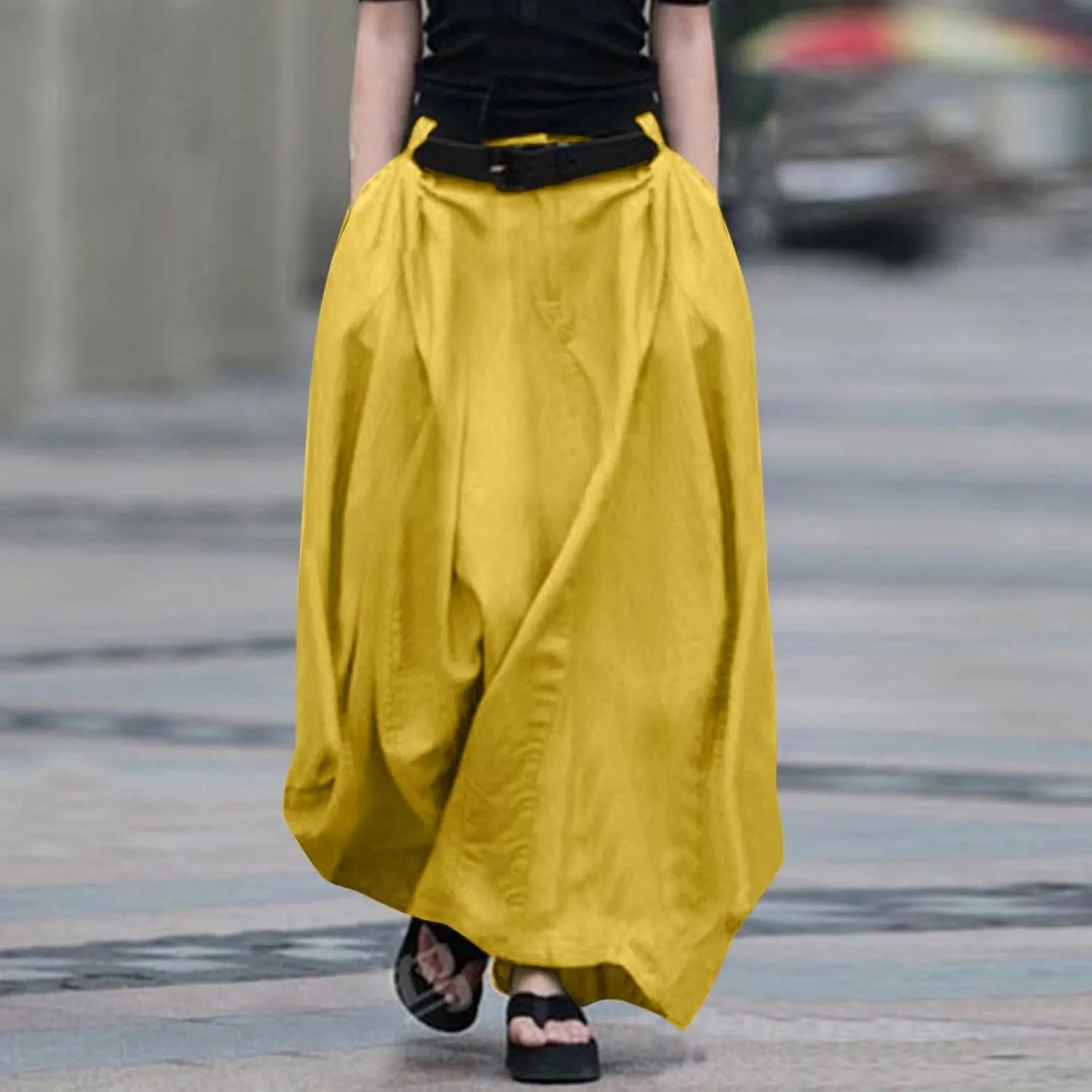 JOAU Women's Flowy Elastic High Waist A-Line Maxi Skirt - Summer Casual Lightweight Swing Long Skirts with Pockets