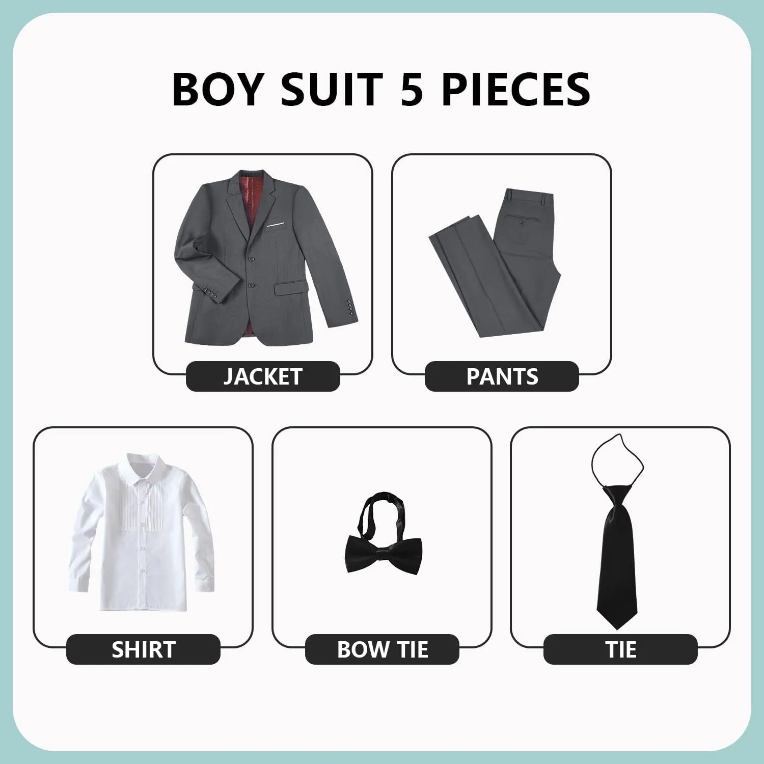 JPF Boys Formal Suits Slim Fit 5 Piece Kids Suit Jacket Pants Set with Dress Shirt and Tie for Wedding Prom