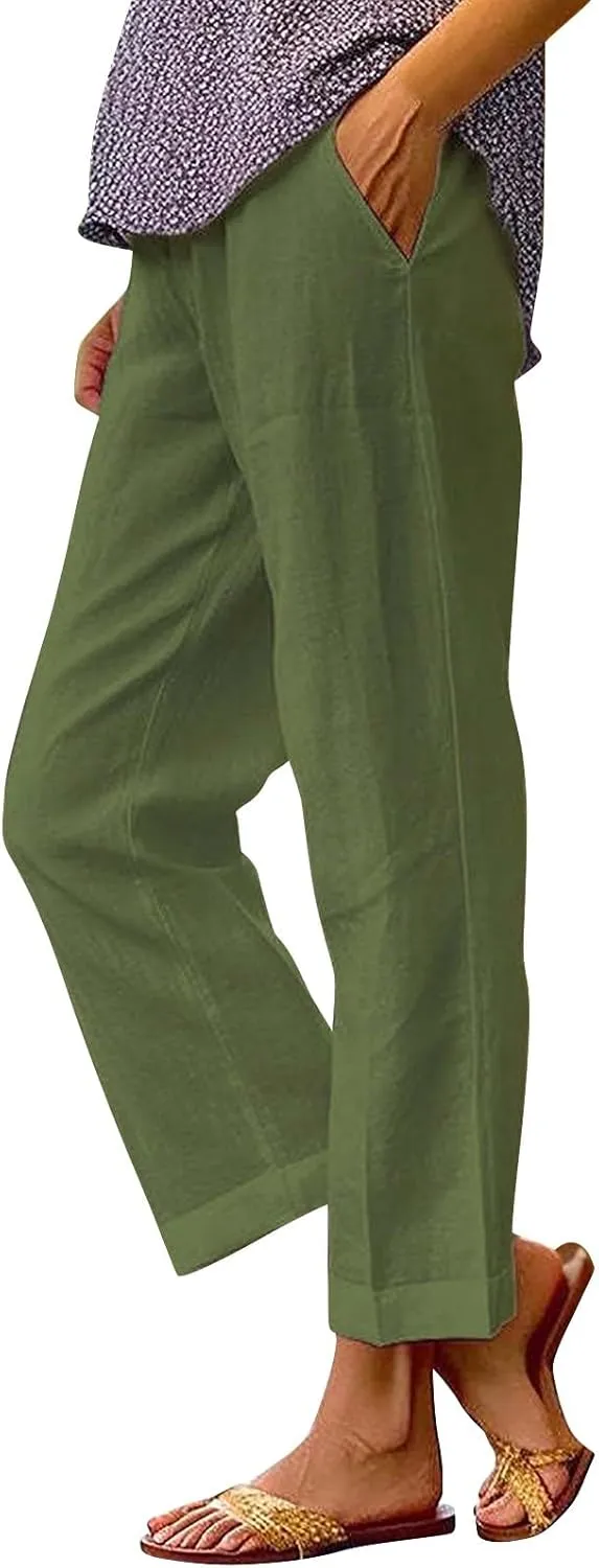 LCMTWX Women's Linen Pants 2024 Summer Pants Long Drawstring Linen Women Waist Cotton Casual Pants Flowy Wide Leg Beach