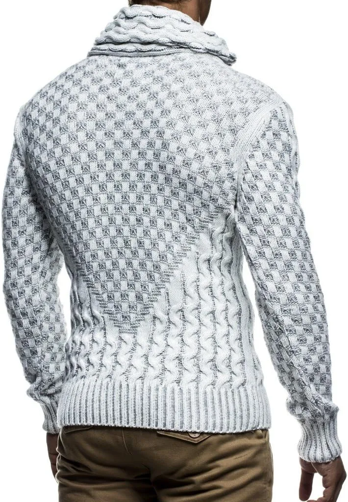 Leif Nelson Mens Knitted Pullover | Long-Sleeved Slim fit Shirt | Basic Sweatshirt with Shawl Collar and Faux Leather