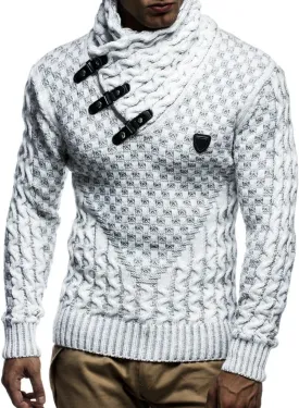 Leif Nelson Mens Knitted Pullover | Long-Sleeved Slim fit Shirt | Basic Sweatshirt with Shawl Collar and Faux Leather