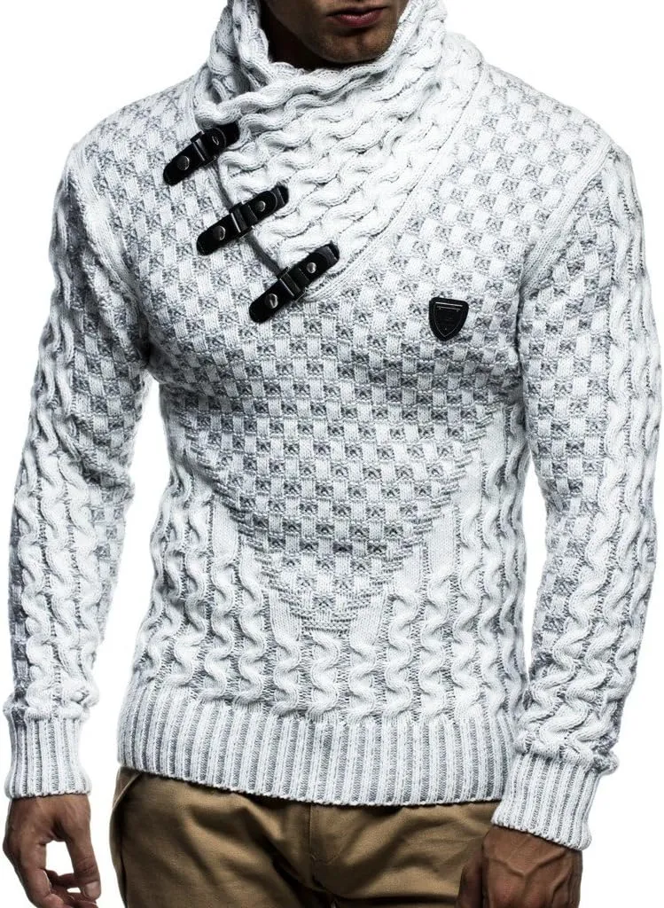 Leif Nelson Mens Knitted Pullover | Long-Sleeved Slim fit Shirt | Basic Sweatshirt with Shawl Collar and Faux Leather