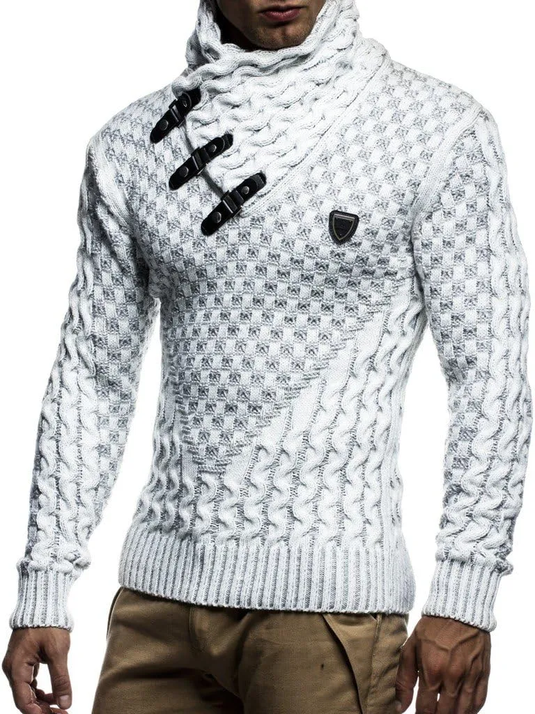 Leif Nelson Mens Knitted Pullover | Long-Sleeved Slim fit Shirt | Basic Sweatshirt with Shawl Collar and Faux Leather