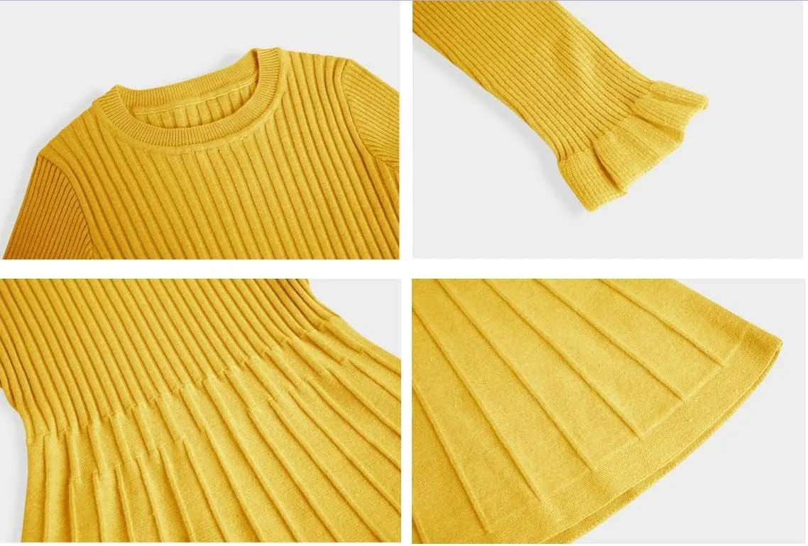 Little Girls Knit Sweater Dress Long Sleeve Ribbed Ruffle Dress Kids Pullover Dresses