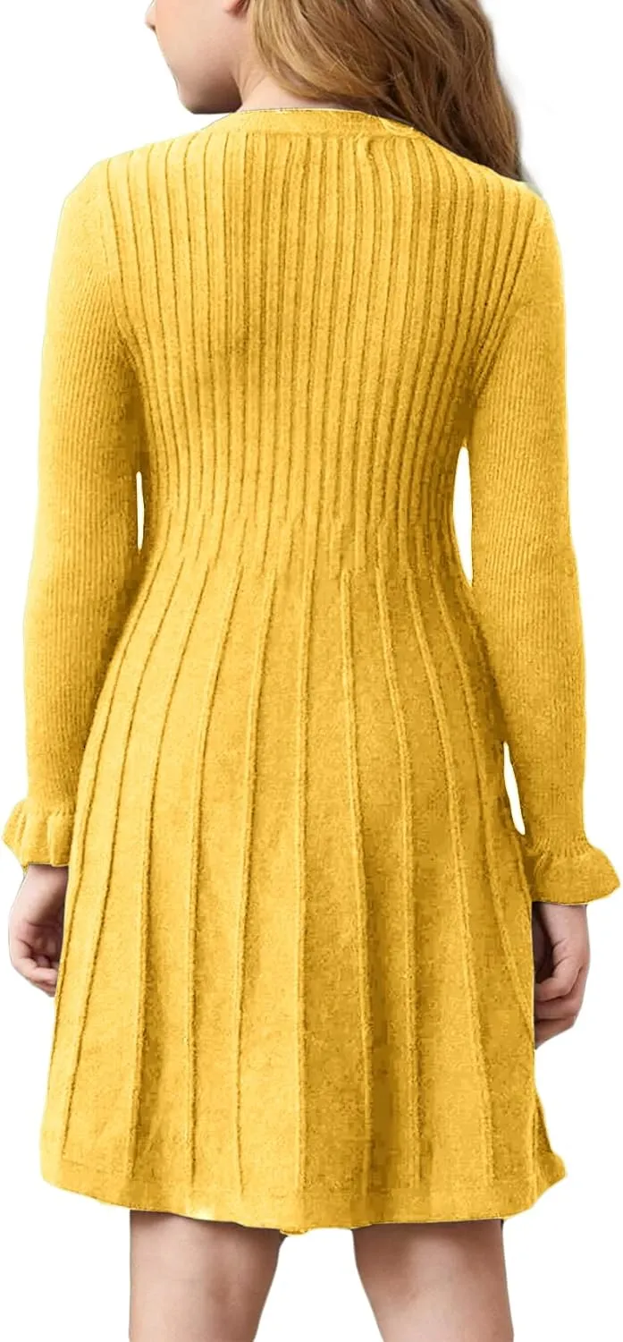 Little Girls Knit Sweater Dress Long Sleeve Ribbed Ruffle Dress Kids Pullover Dresses