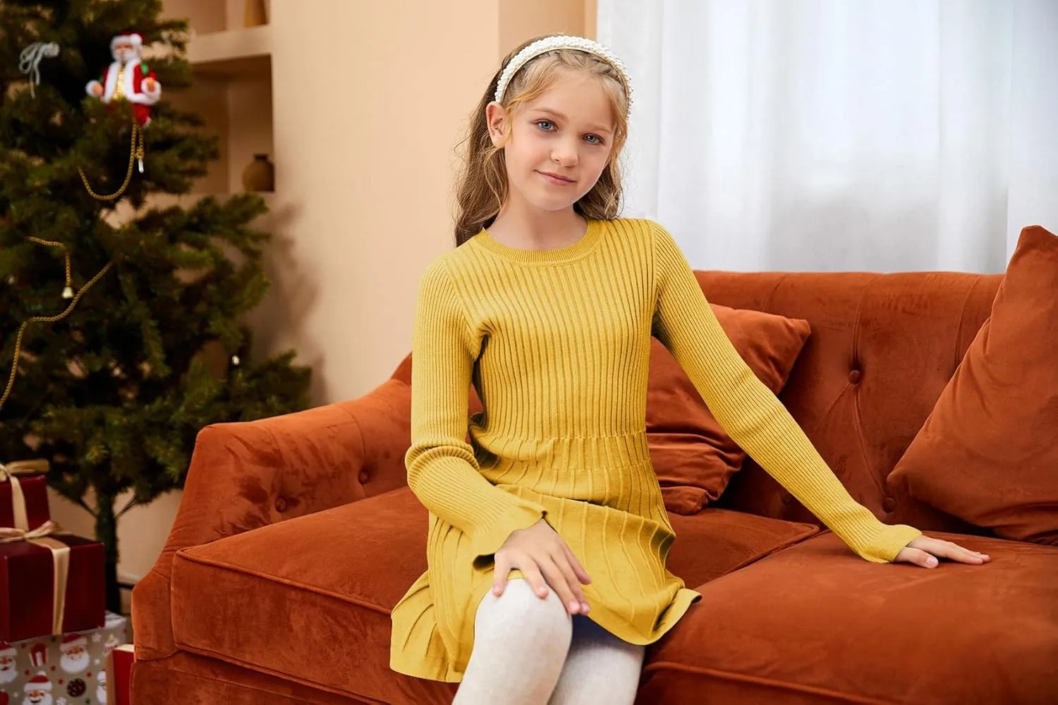 Little Girls Knit Sweater Dress Long Sleeve Ribbed Ruffle Dress Kids Pullover Dresses