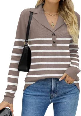 LOMON Womens Fall Sweaters 2024 Knitted V-Neck Collared Business Button Pullover Long Sleeve Winter Dressy Casual Jumper