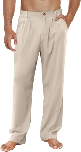 LONGBIDA Men's Linen Pants Lightweight Casual Trouser Yoga Summer Beach Pant
