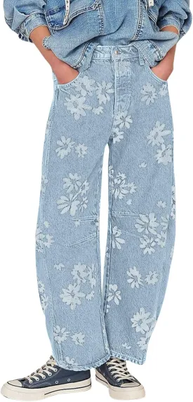 loveimgs Women Y2k Distressed Barrel Jeans Baggy Wide Leg Jeans Floral Printed Boyfriend Patchwork Denim Pants