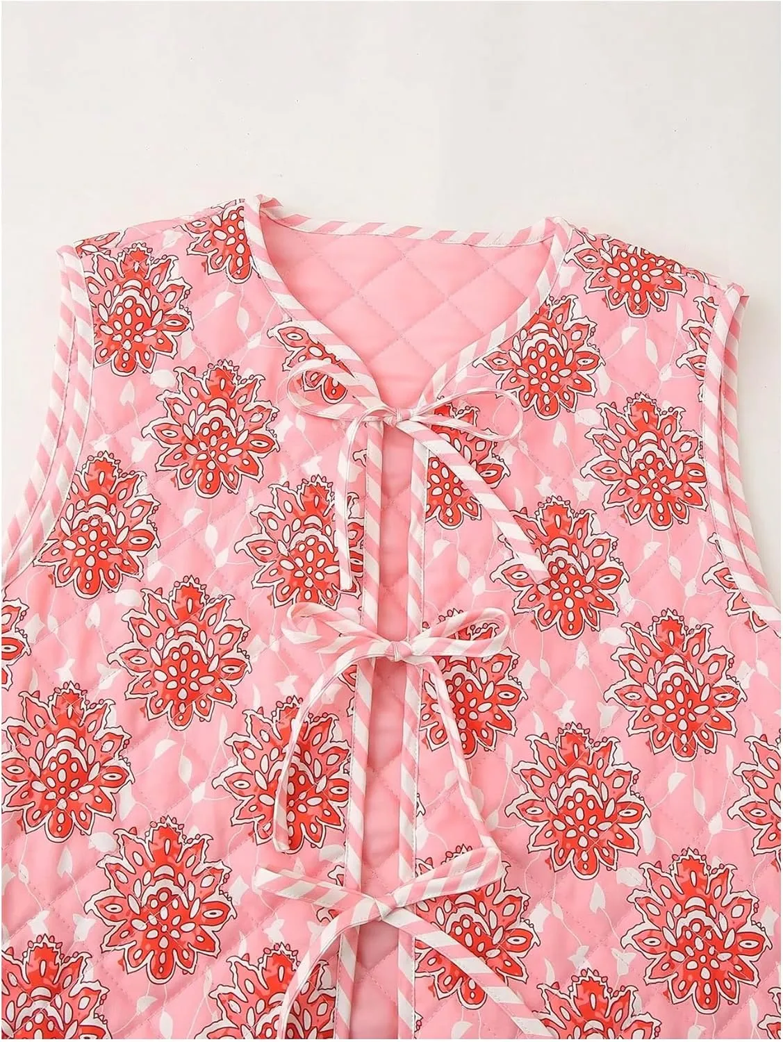 MakeMeChic Women's Floral V Neck Tie Front Vest Sleeveless Quilted Jacket Outerwear