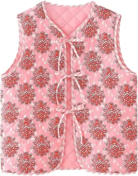 MakeMeChic Women's Floral V Neck Tie Front Vest Sleeveless Quilted Jacket Outerwear