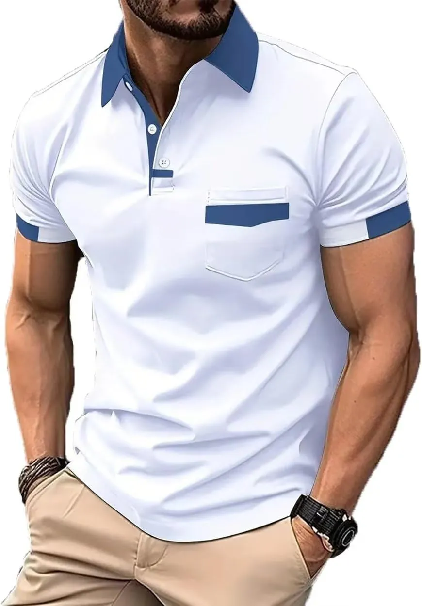 Men's Polo Shirts 2025 Short Sleeve Casual Polo T Shirt Color Block Slim Fit Golf Shirts with Pocket