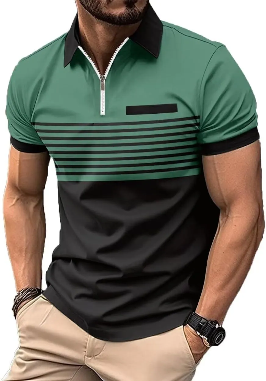 Men's Polo Shirts Short Sleeve 2025 Casual Polo T Shirt Color Block Slim Fit Golf Shirts with Pocket